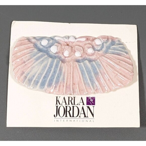 Vintage Karla Jordan Pink Blue Porcelain Beachy Coastal Shell Pin Brooch - Picture 1 of 8